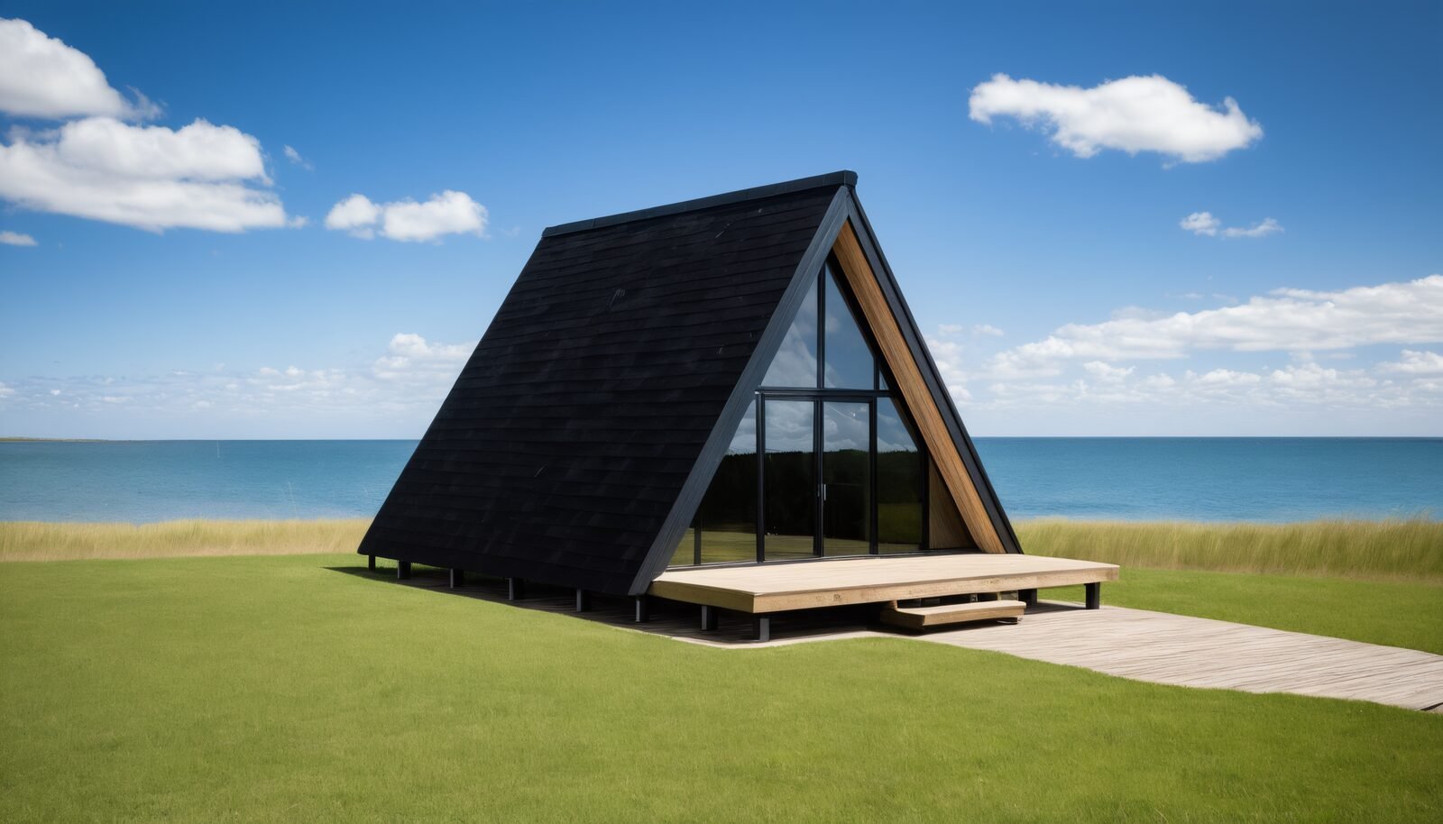Modelo Alpino: casa A de madera con techo negro, frente vidriado y deck, en un campo abierto