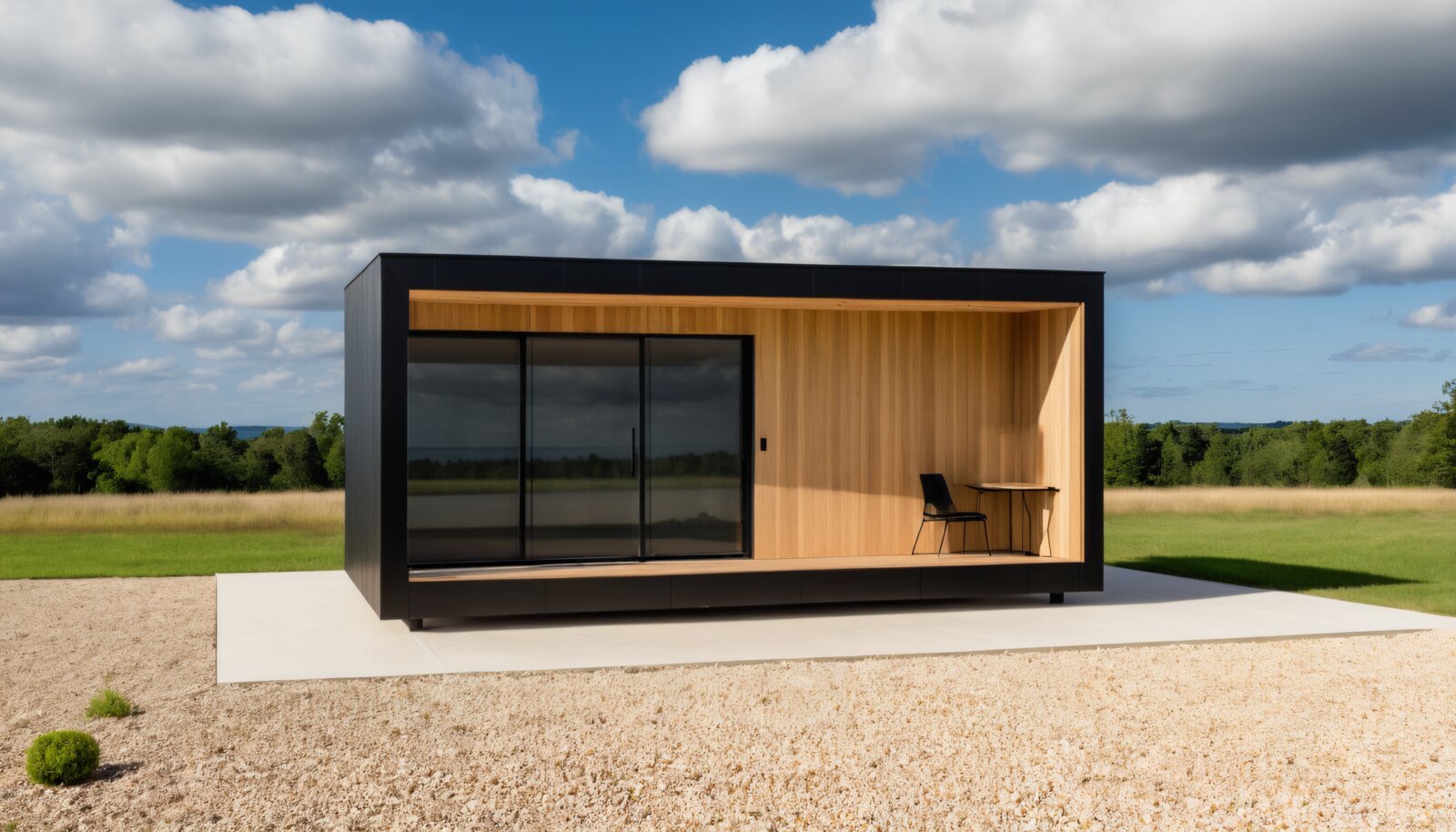 Modelo Minimalista: tiny house de techo plano con marco negro, madera vertical y galería cubierta